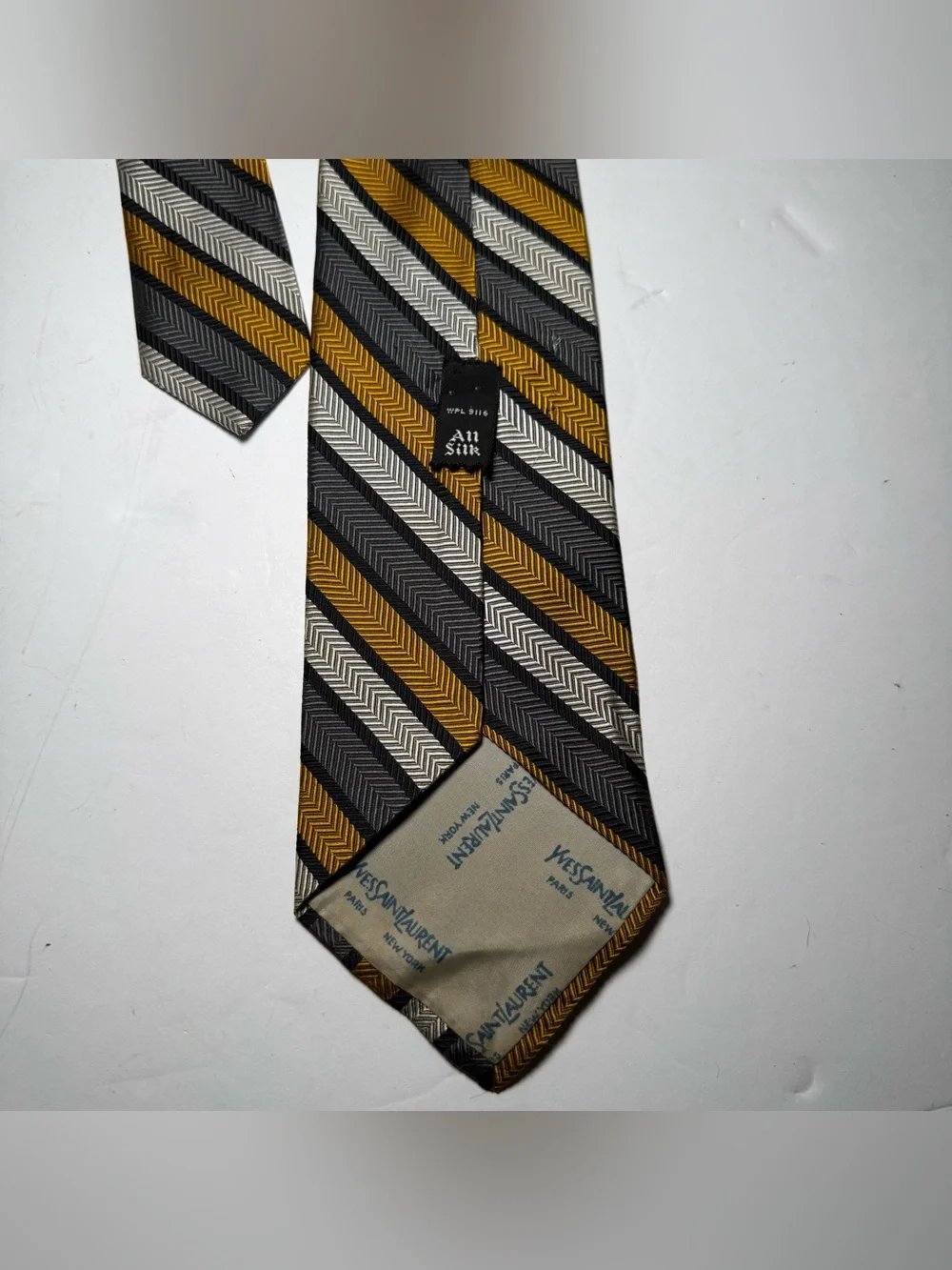 Vintage Yves Saint Laurent Silk Tie Gold Grey Black Herringbone Striped YSL 3.5